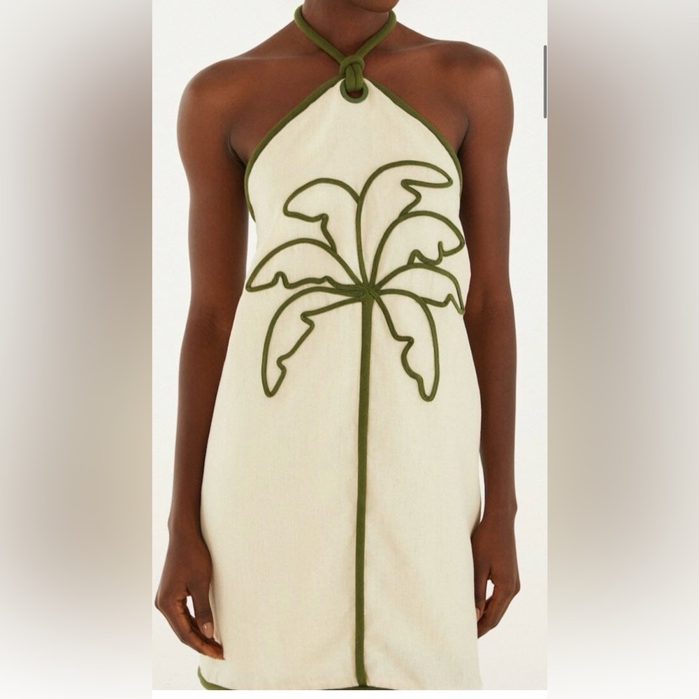 FARM Rio Cream Halter Coverup with Olive Palm Outline